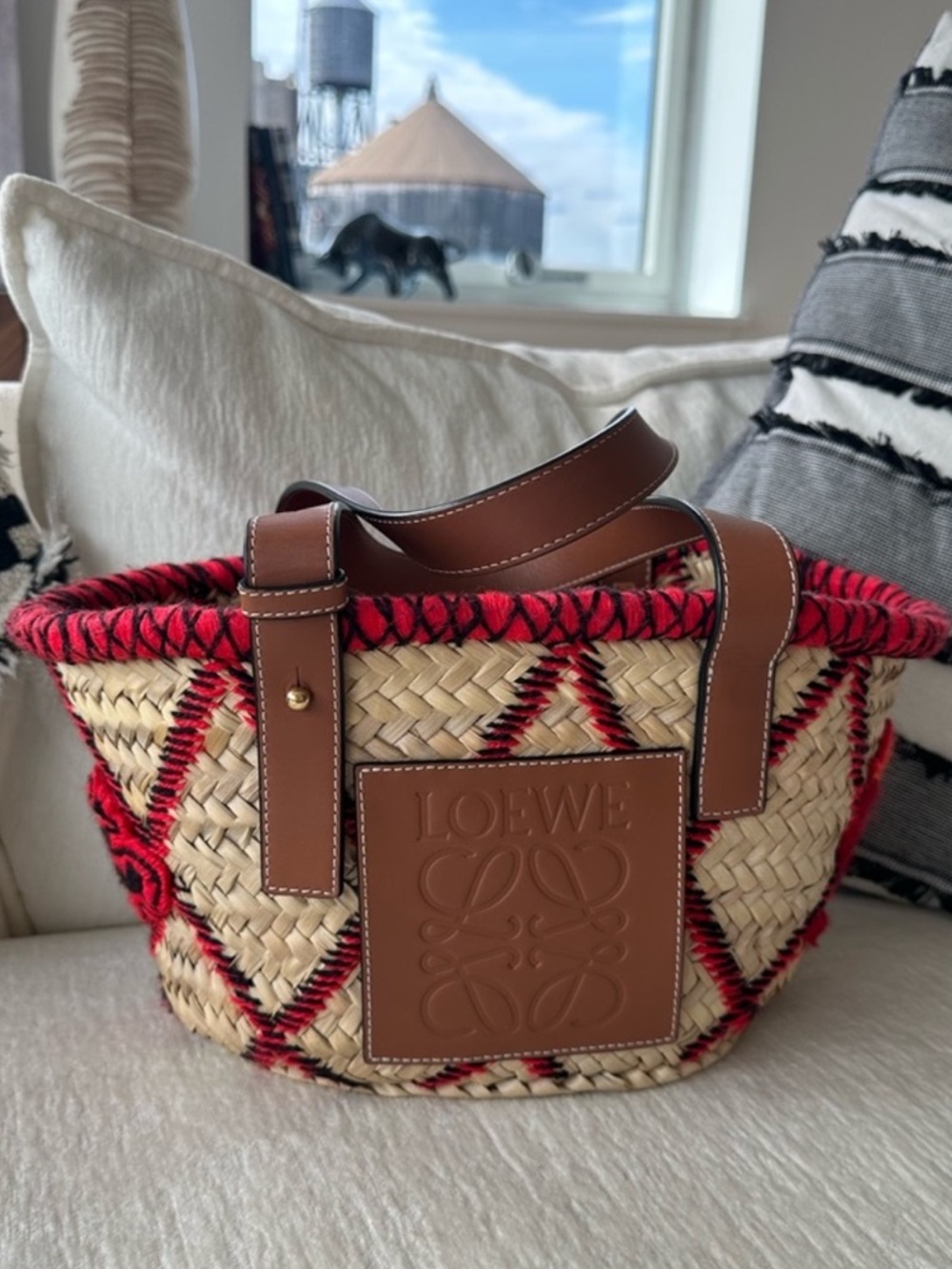 Loewe Natural Straw Tote with Red Trim and Tan Leather